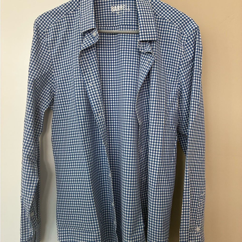 Barbell Apparel Men’s Athletic Fit Dress Shirt, Blue/ White Check, size Small